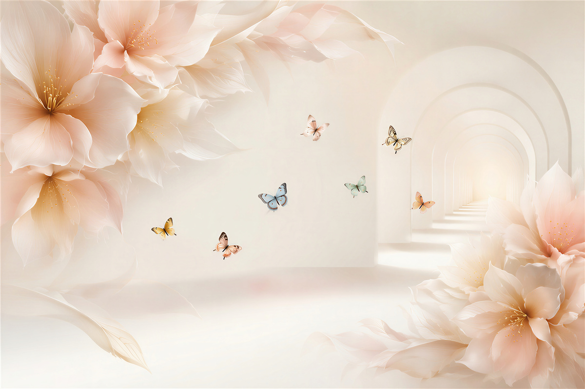 Papier peint fleurs colorées et papillons dans un tunnel