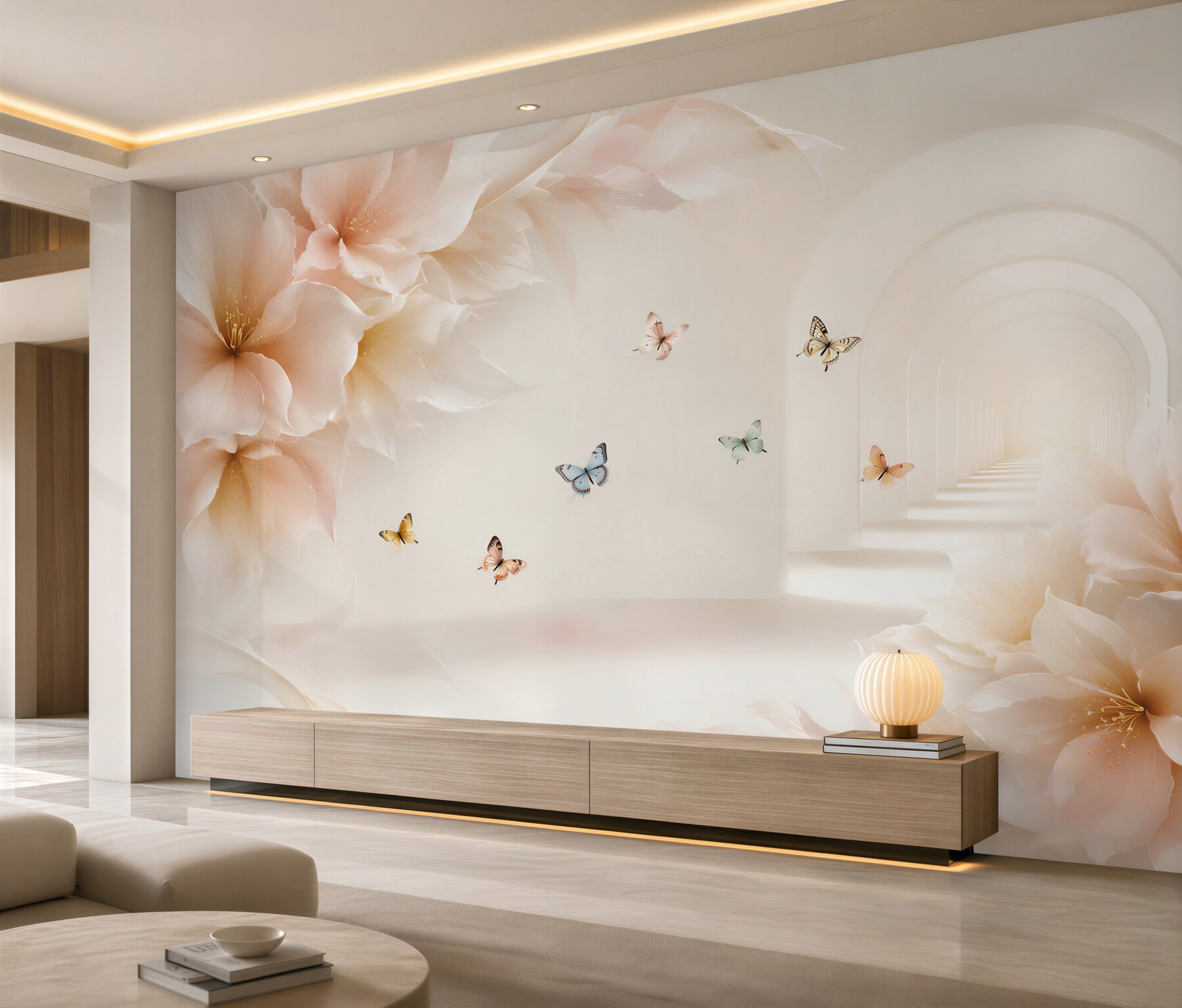 Papier peint fleurs colorées et papillons dans un tunnel