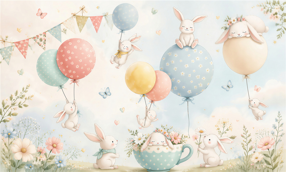 Papier peint petits lapins blancs dans des ballons
