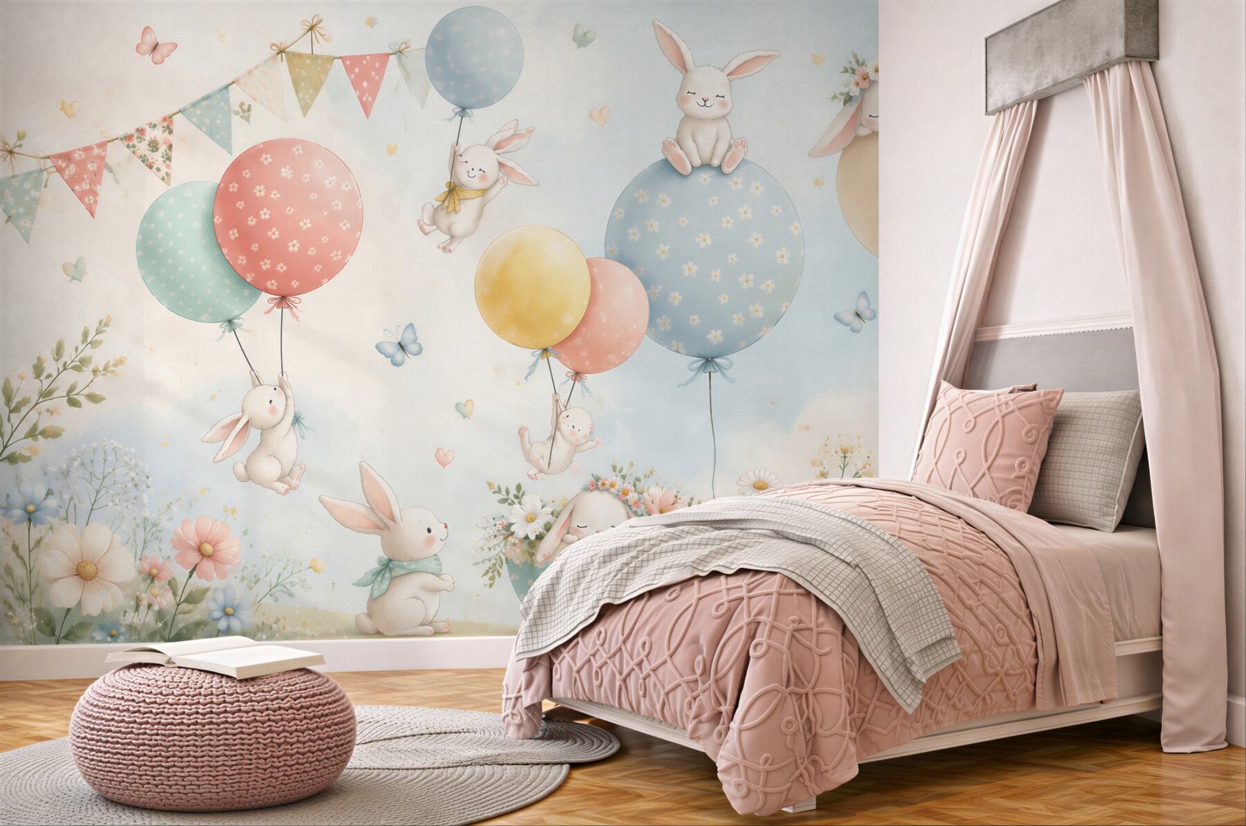Papier peint petits lapins blancs dans des ballons