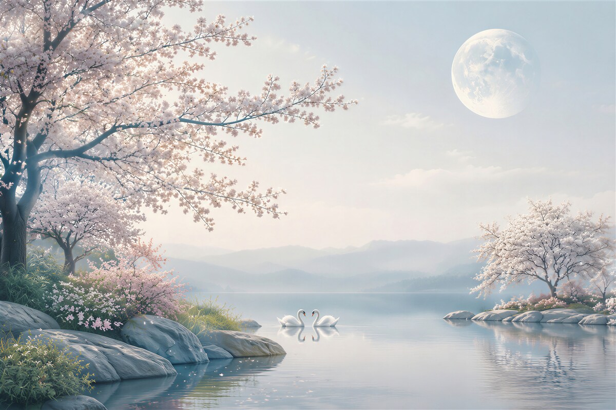 Papier peint lune féerique dans un jardin en fleurs de cerisier