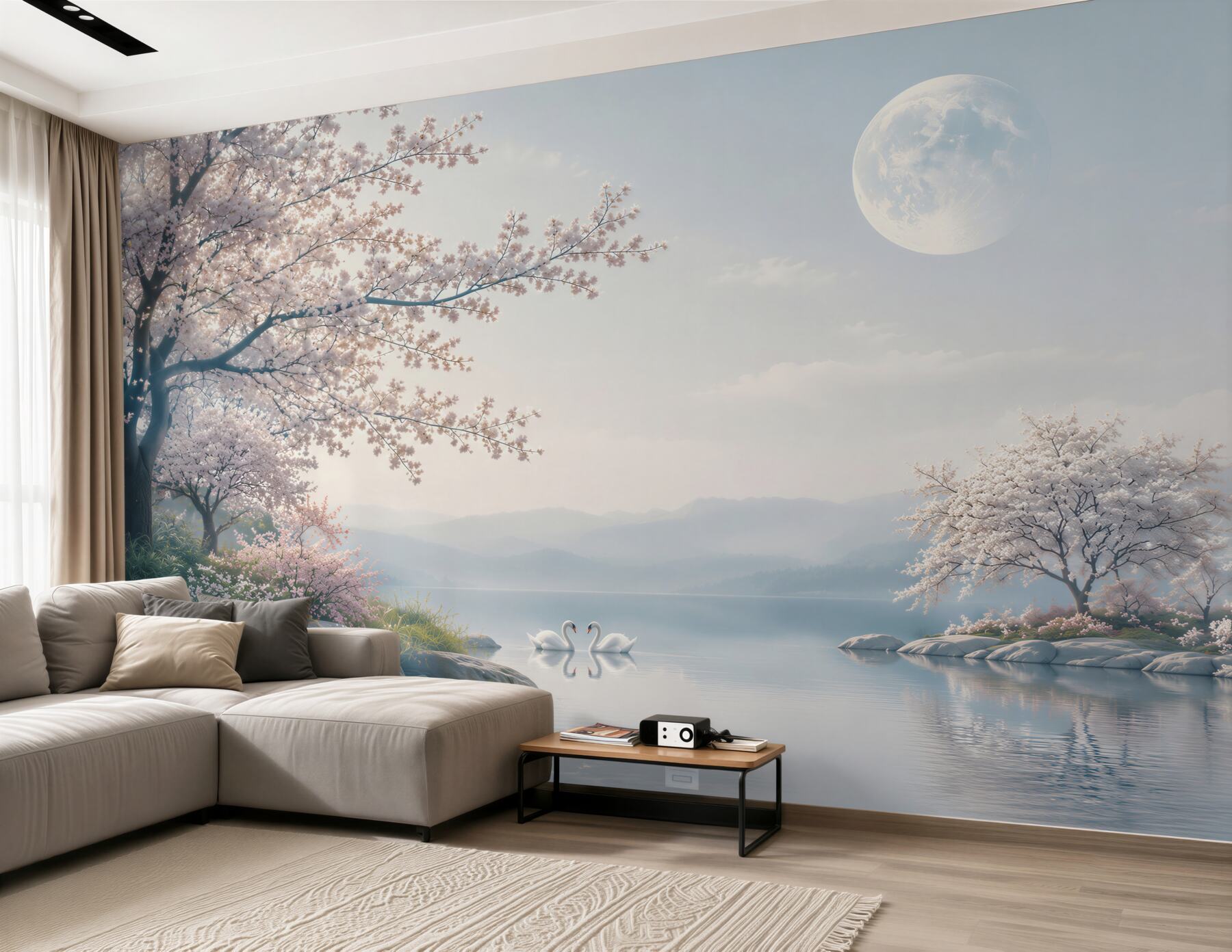 Papier peint lune féerique dans un jardin en fleurs de cerisier