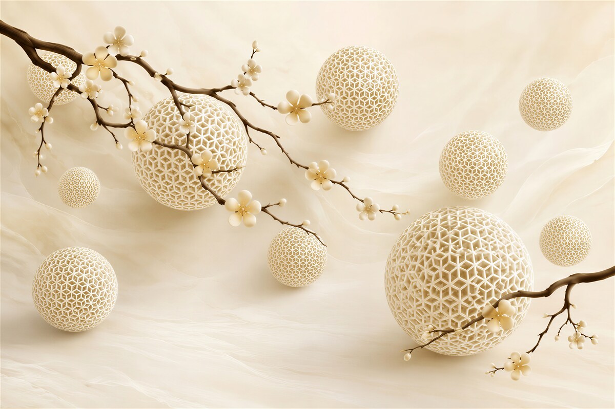 Papier peint branches de fleurs en boutons et boules dorées