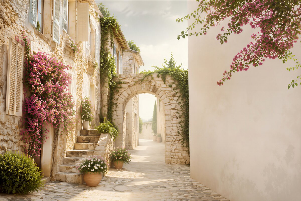 Papier peint lierre fleurissant sur une vieille rue