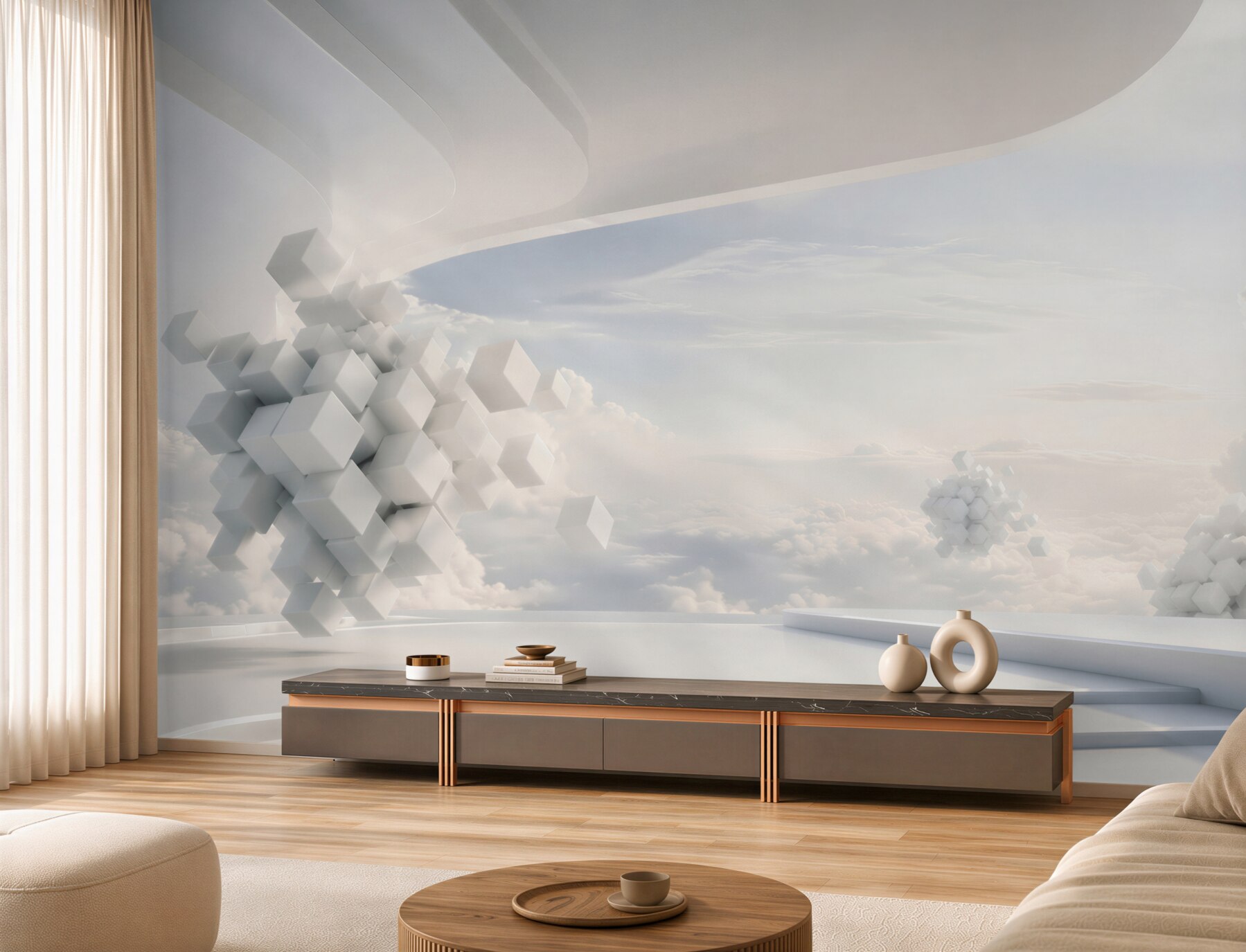 Papier peint ciel bleu et nuages blancs en représentation géométrique