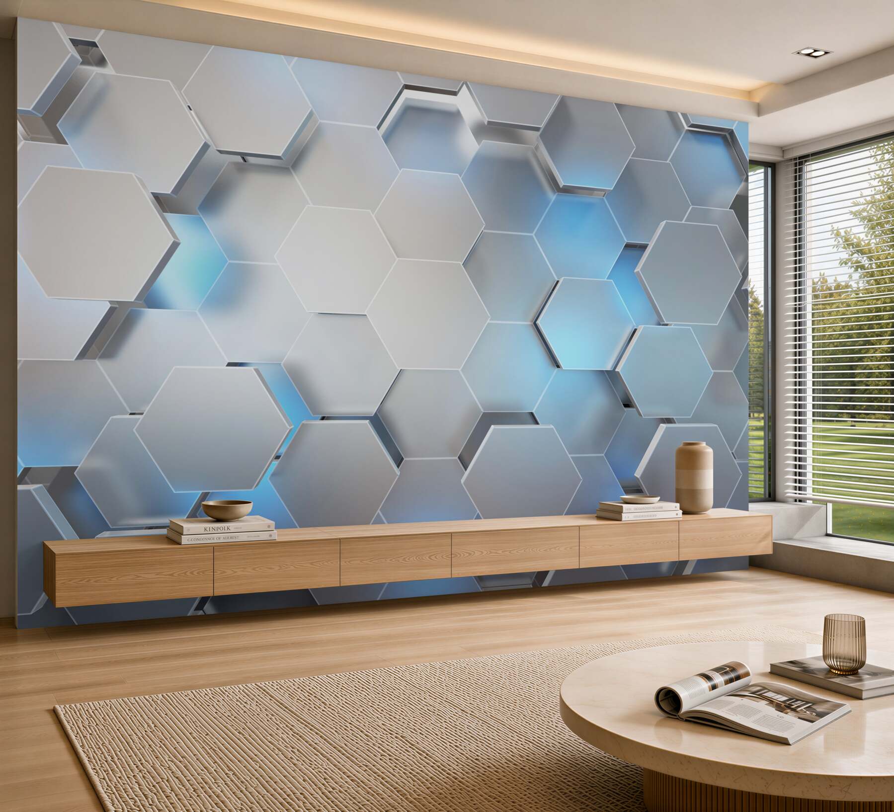 Papier peint hexagones gris avec éclairage bleu