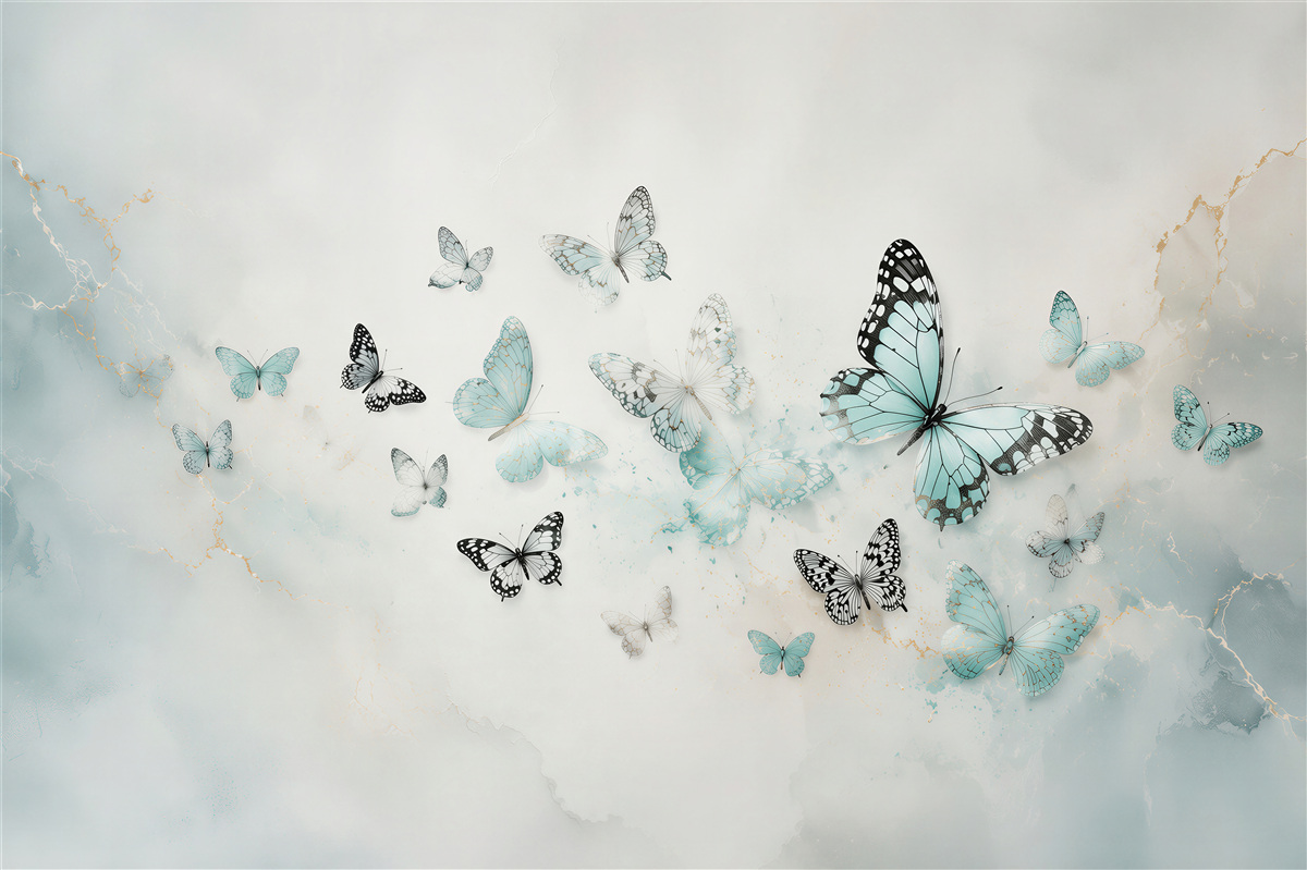 Papier peint papillons bleus sur fond gris