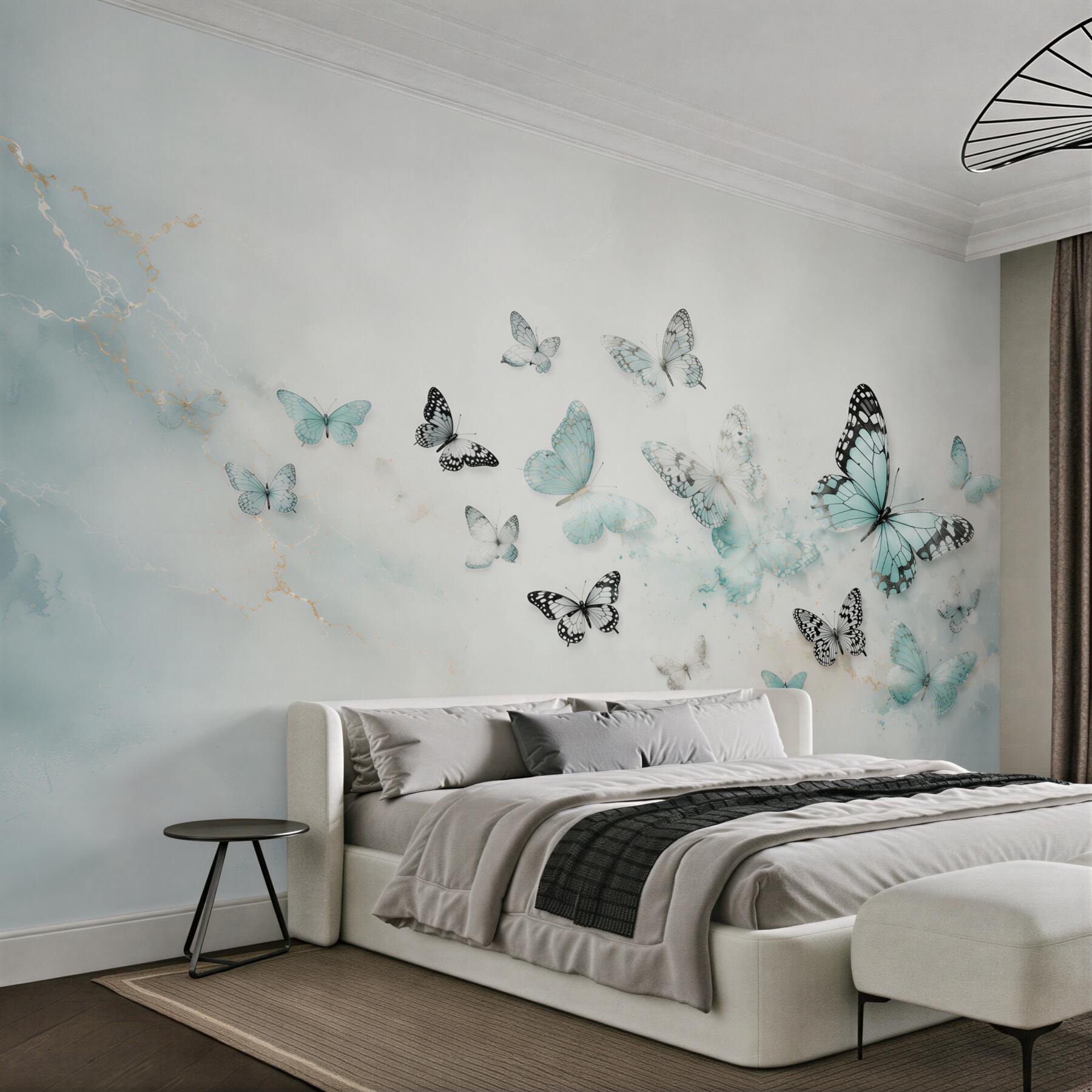Papier peint papillons bleus sur fond gris