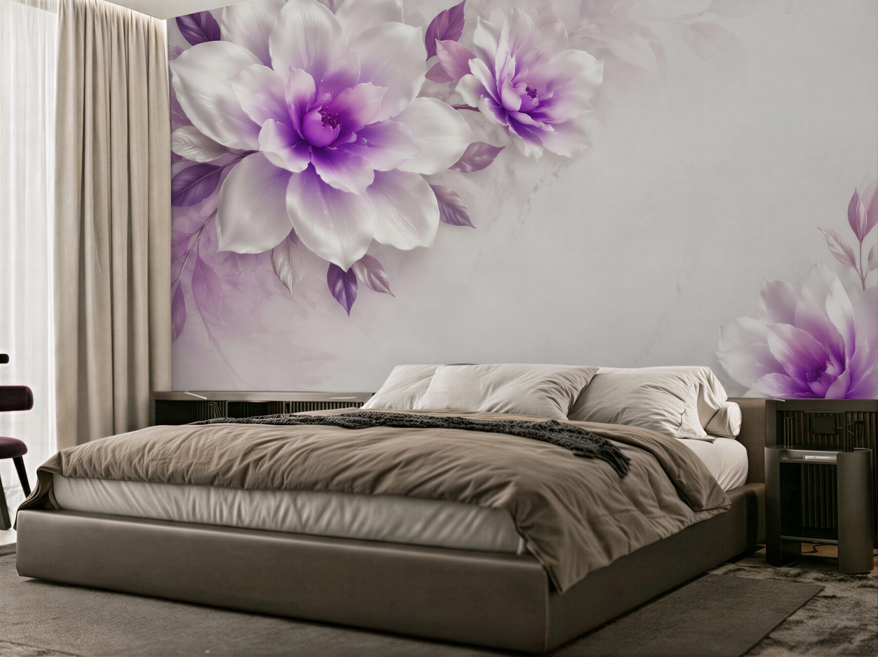 Papier peint fleurs violettes sur fond blanc