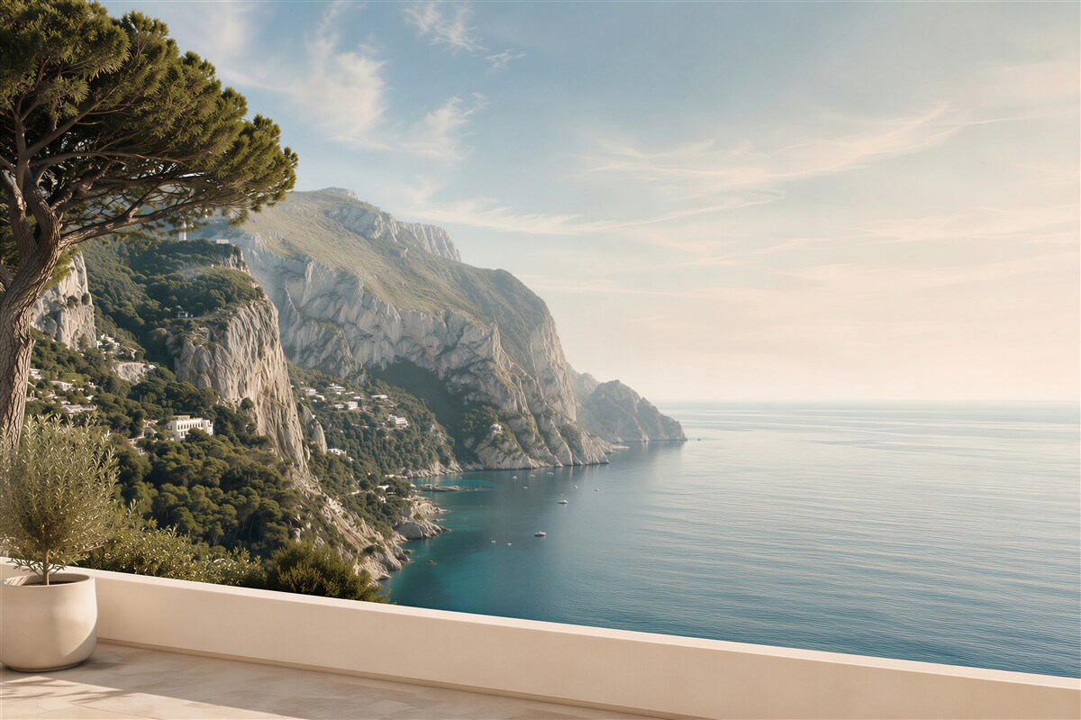 Papier peint vue sur les montagnes et la mer depuis le balcon