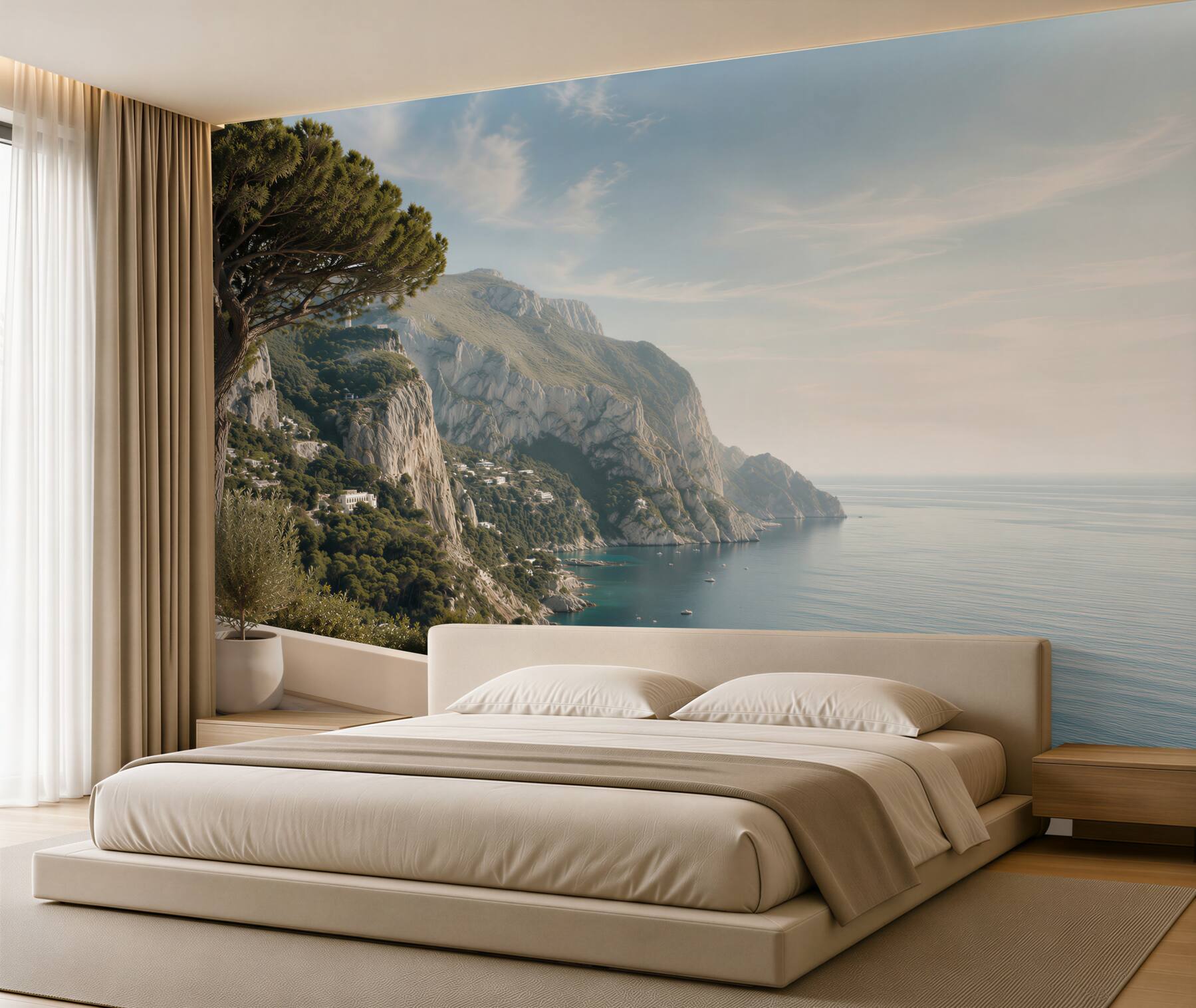 Papier peint vue sur les montagnes et la mer depuis le balcon