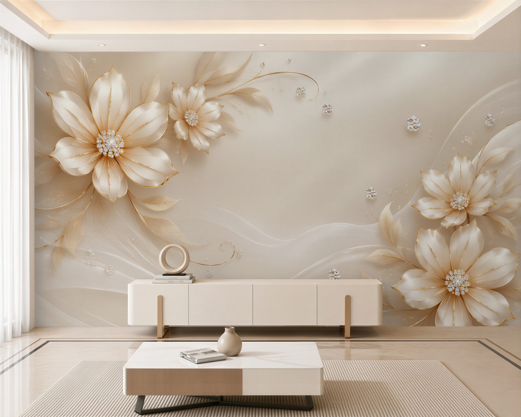 Papier peint fleurs dorées en perles