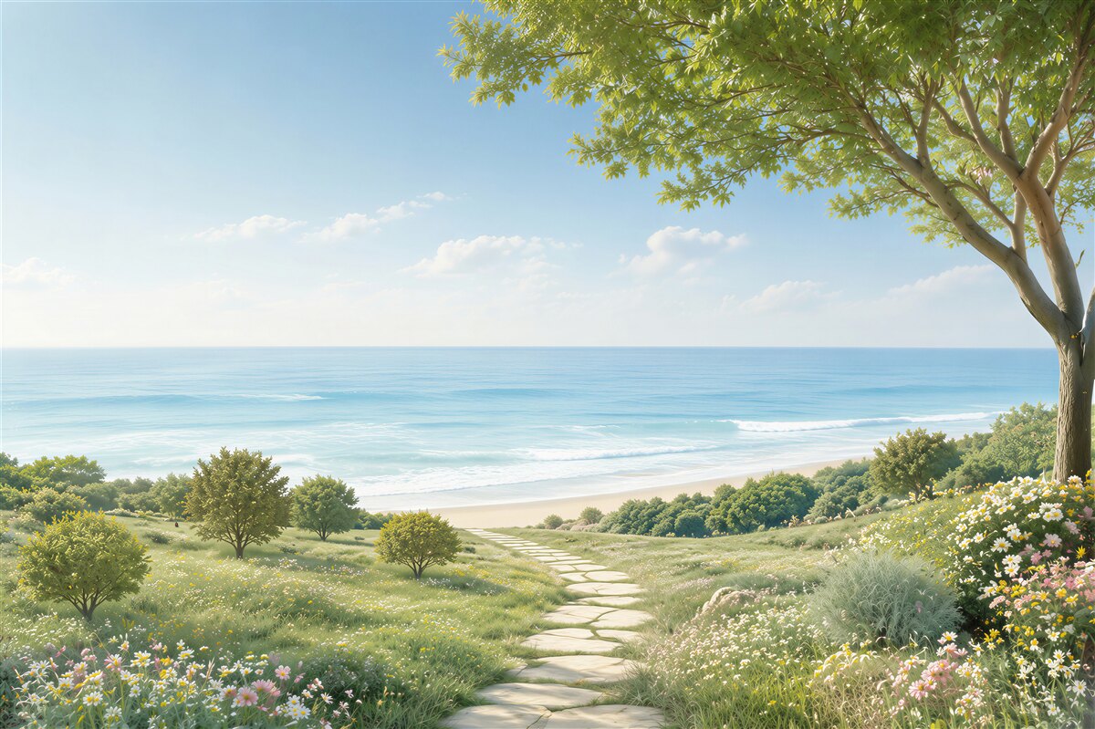 Papier peint prairies vertes au bord de la mer