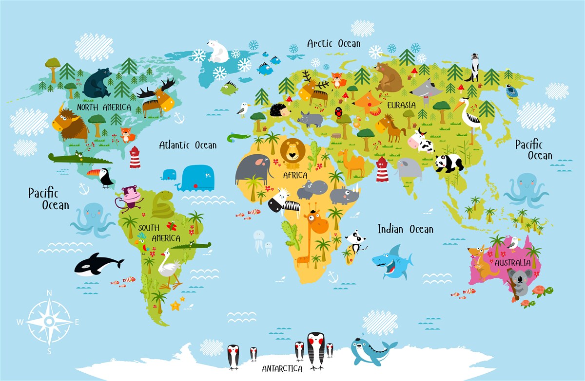 Papier peint carte du monde pour enfants avec des animaux