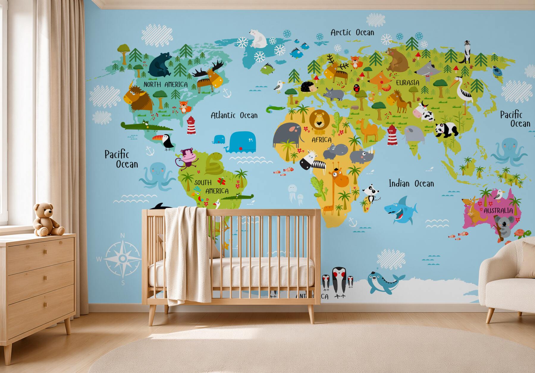 Papier peint carte du monde pour enfants avec des animaux
