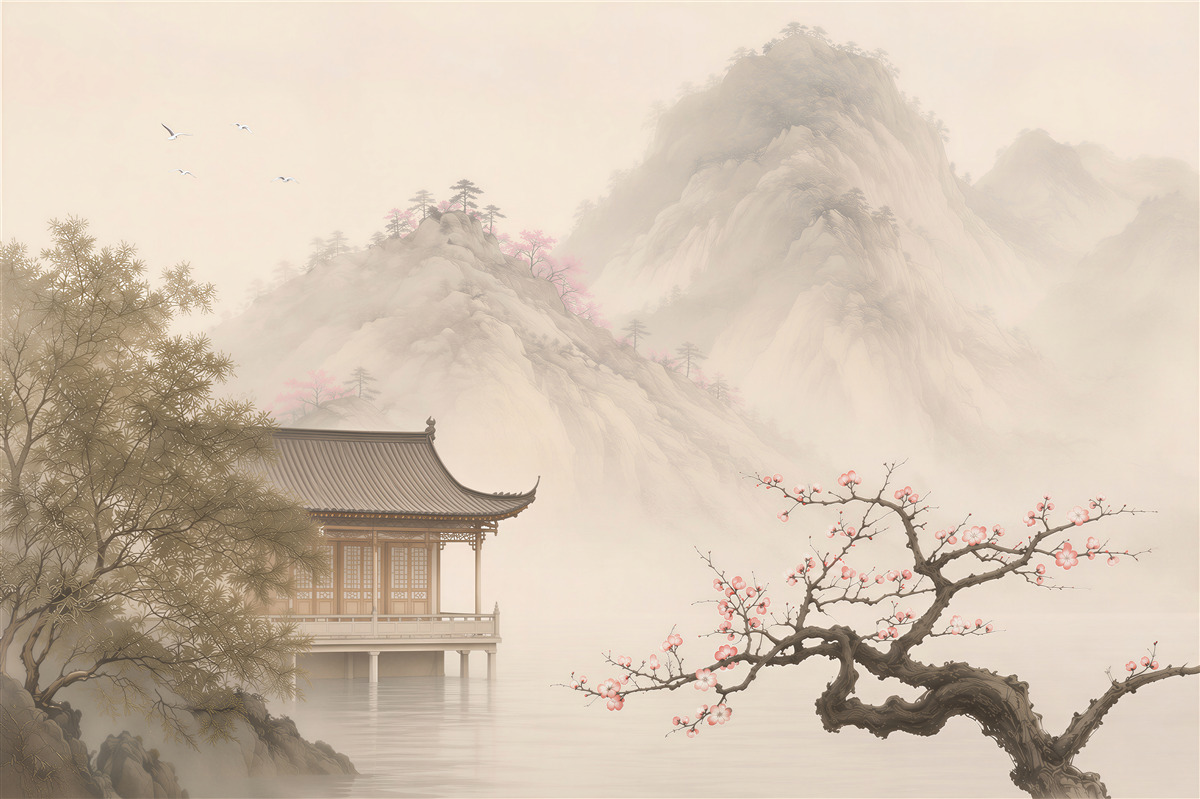 Papier peint jardin japonais près de la maison dans les montagnes