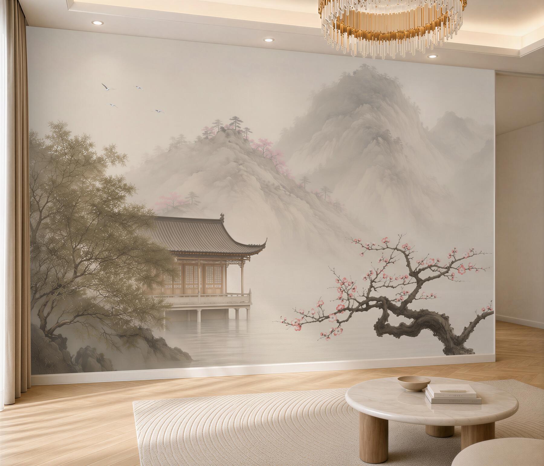 Papier peint jardin japonais près de la maison dans les montagnes