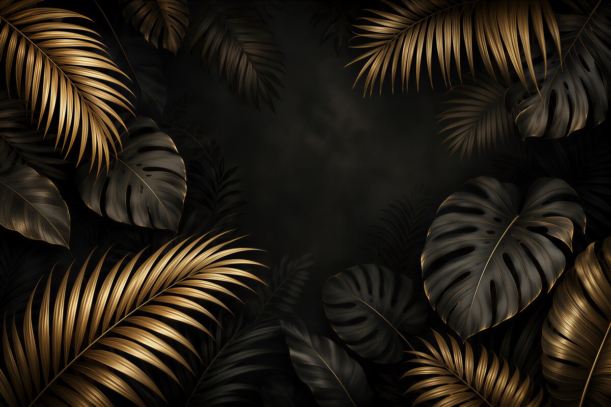 Papier peint feuilles tropicales noires avec une teinte dorée