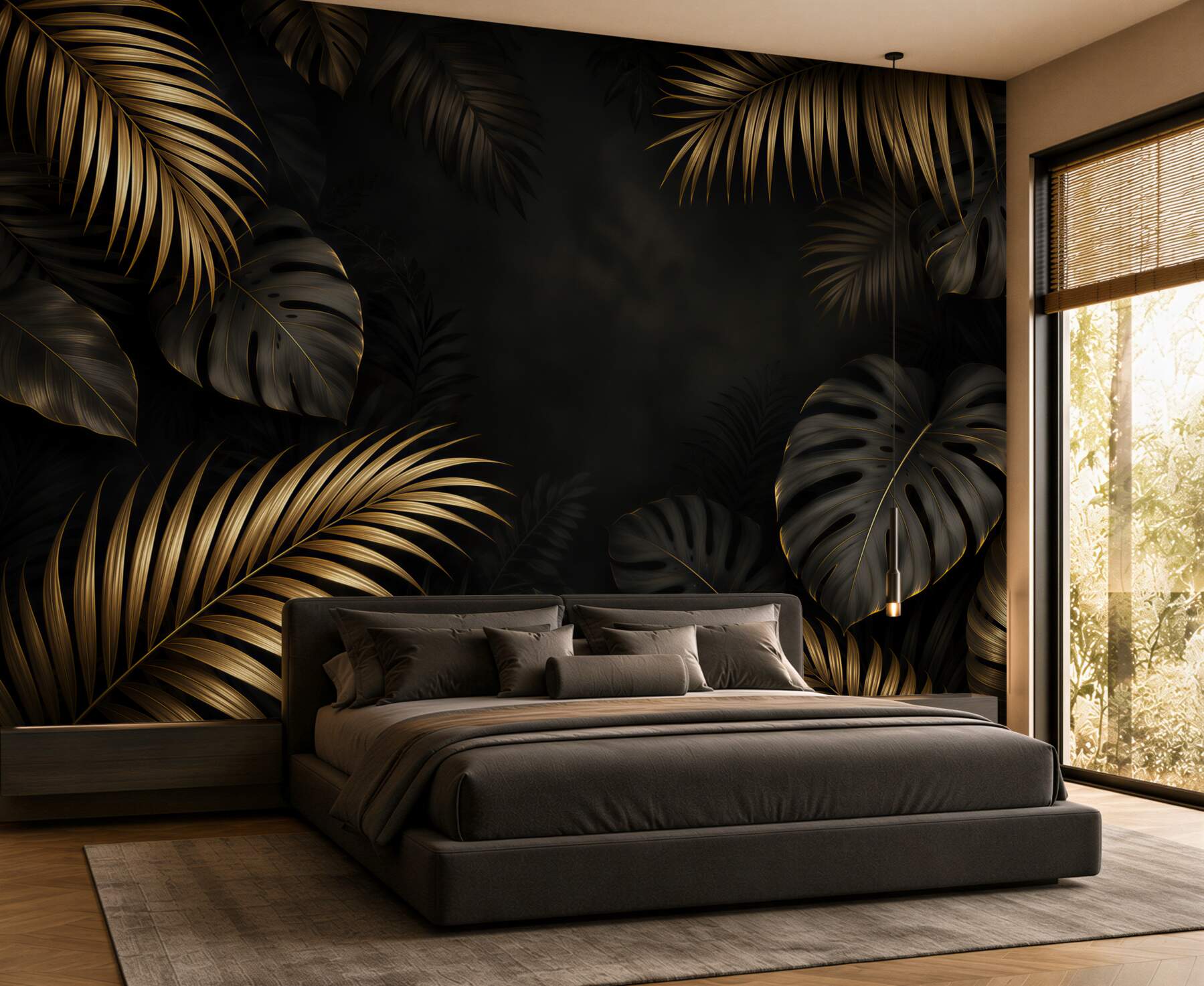 Papier peint feuilles tropicales noires avec une teinte dorée
