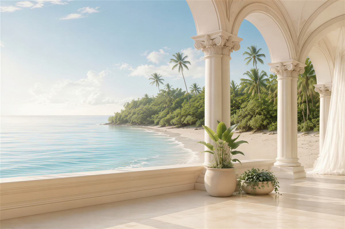 Papier peint Vue sur l'océan et la plage depuis la terrasse