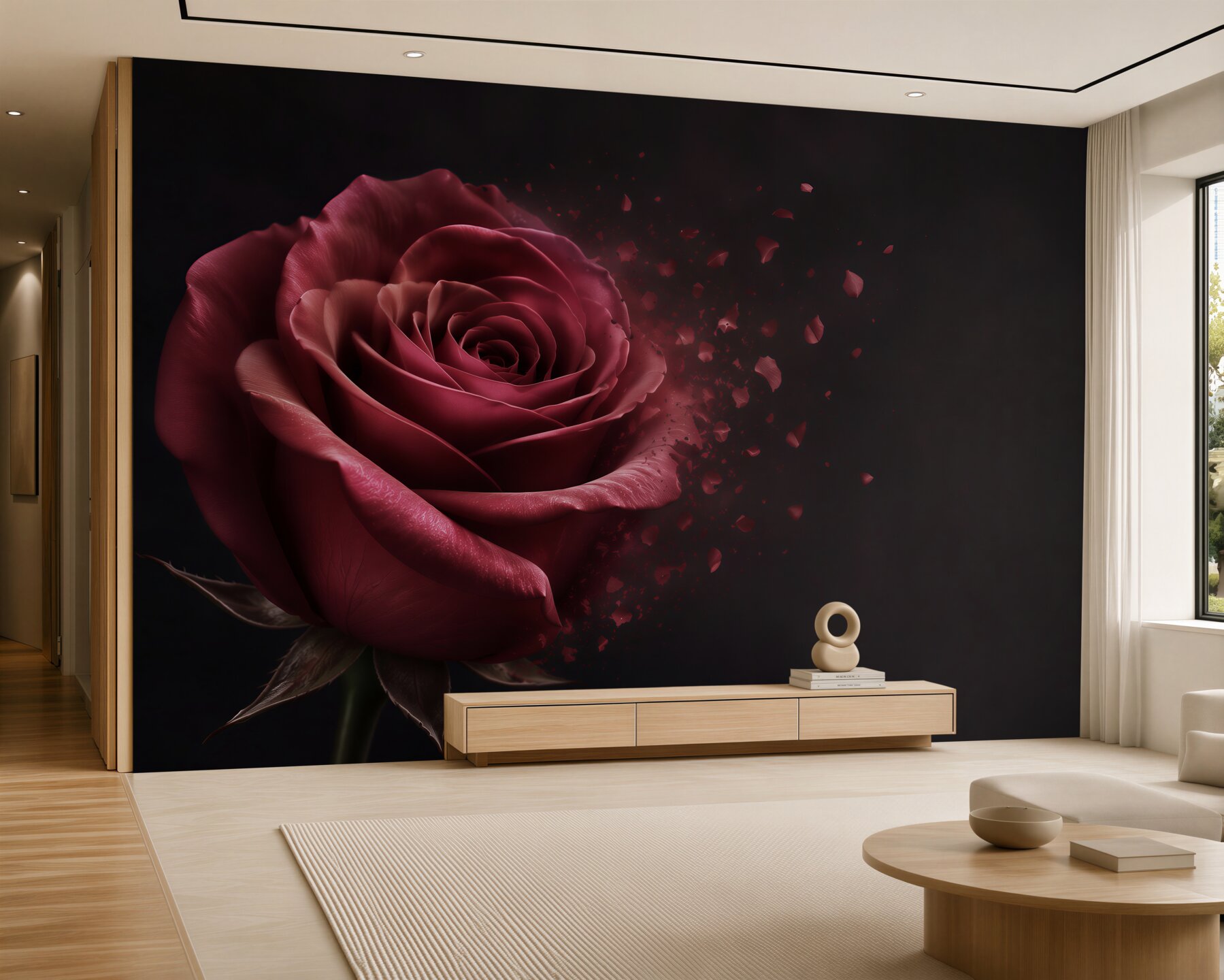 Papier peint rose rouge sur fond noir