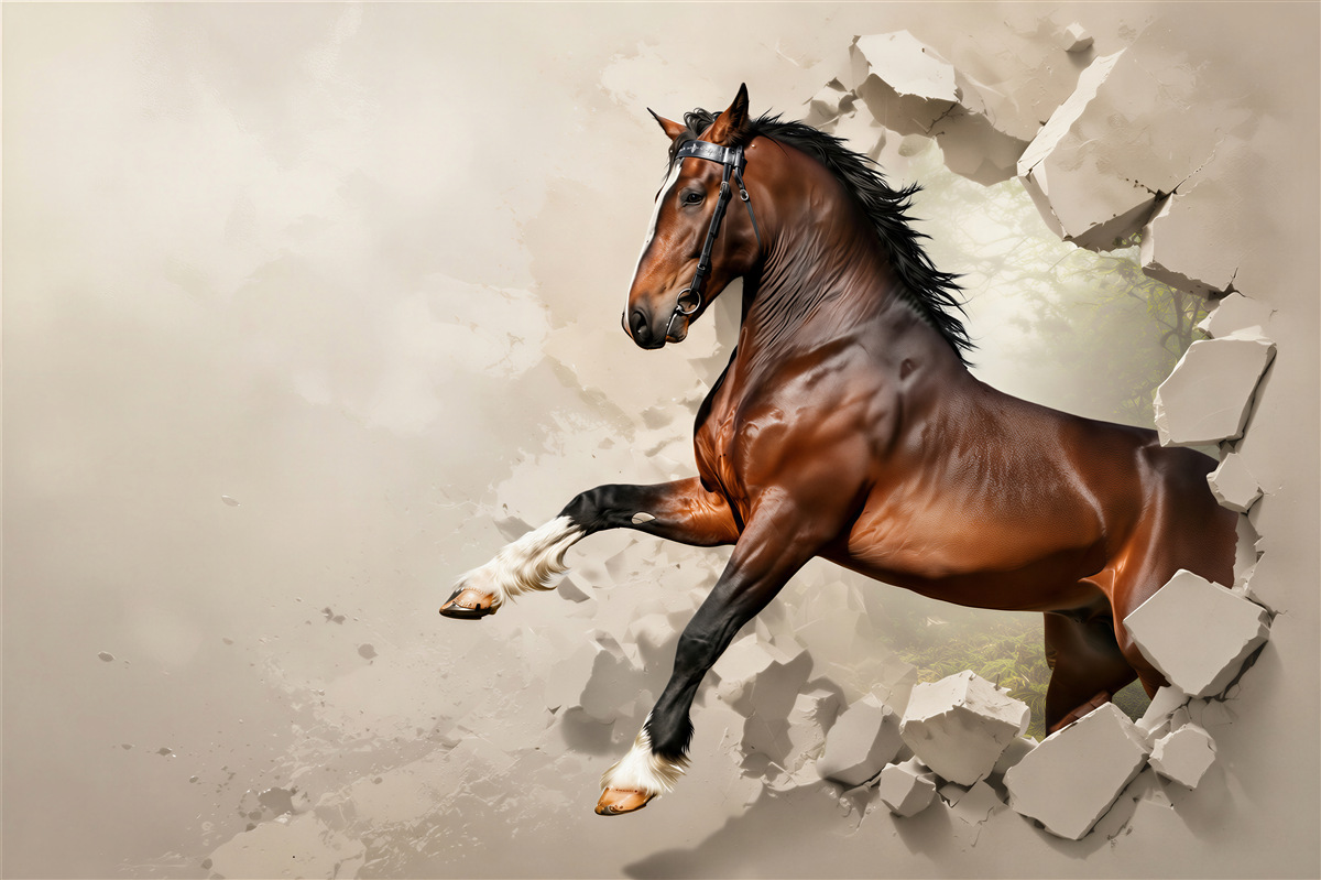 Papier peint cheval brun brisant le mur