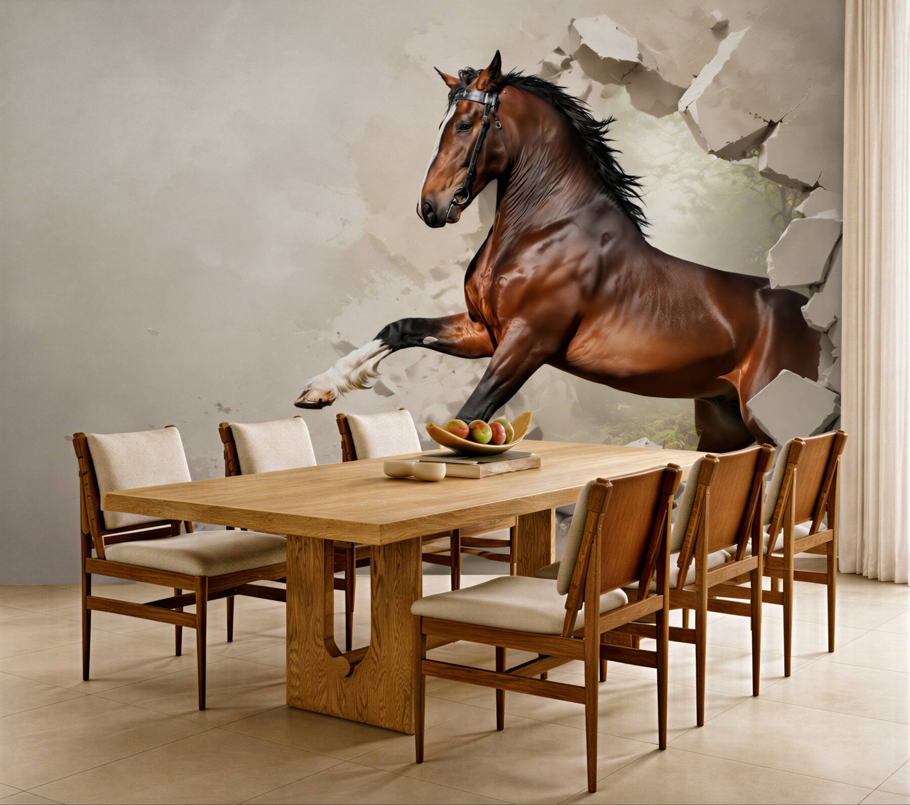 Papier peint cheval brun brisant le mur