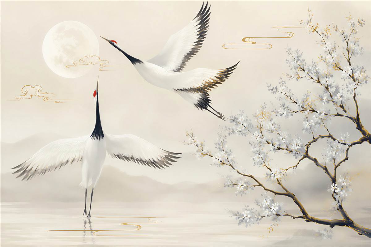 Papier peint grues rencontrant la lune