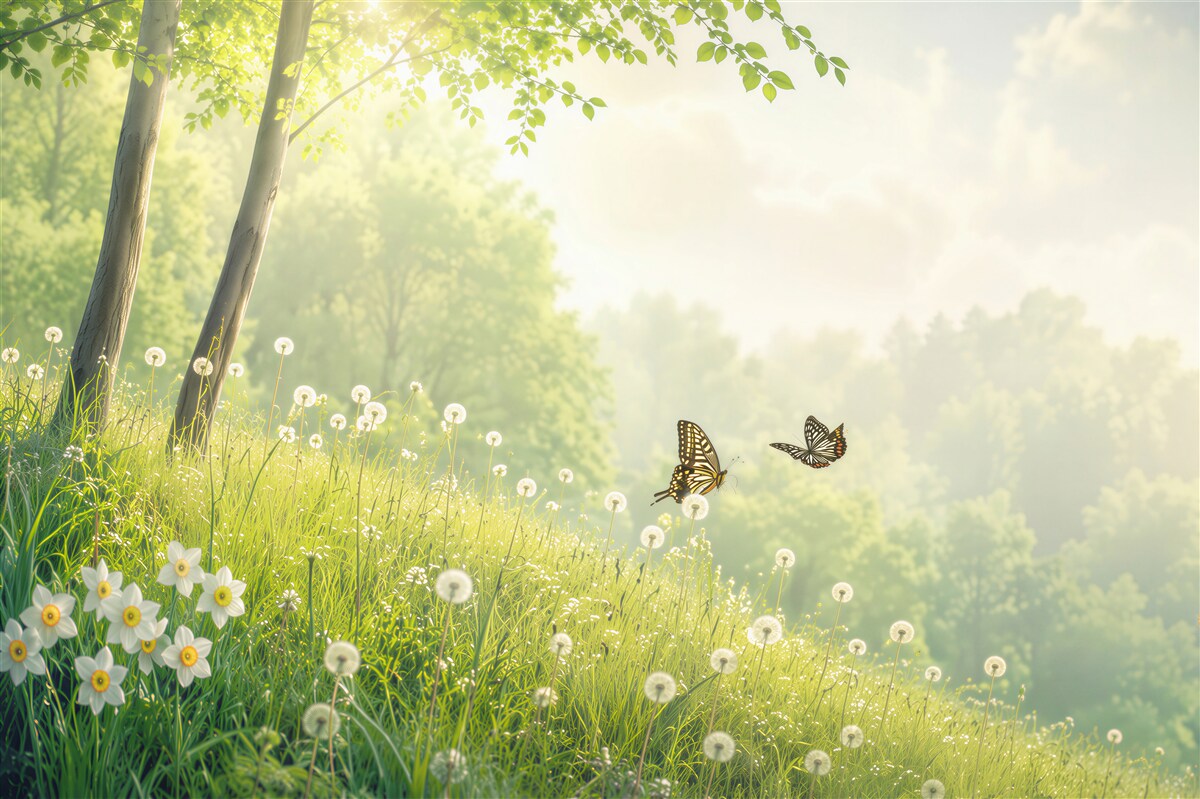 Papier peint papillons sur une prairie verte