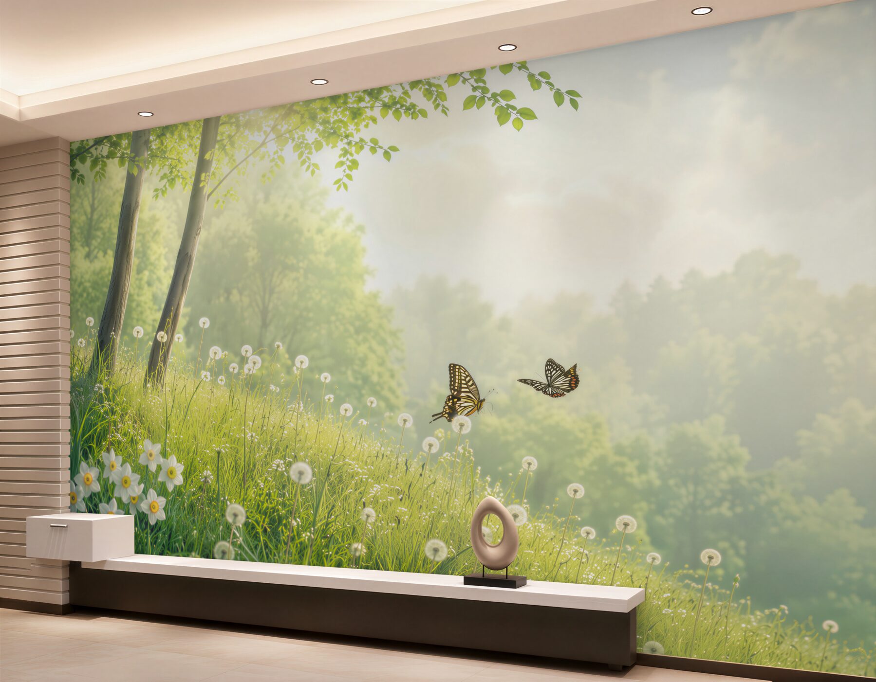 Papier peint papillons sur une prairie verte