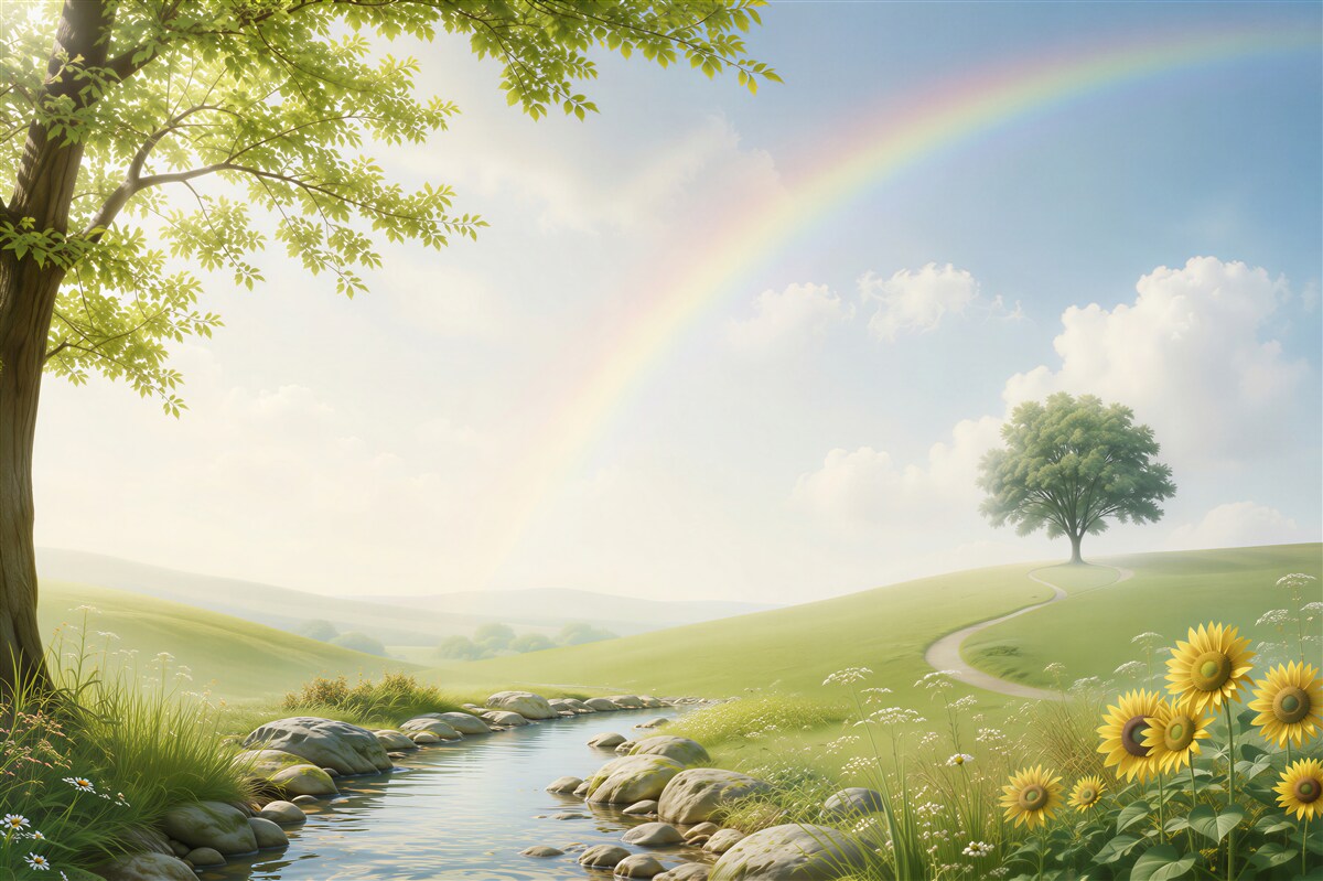 Papier peint arc-en-ciel au-dessus des prairies vertes
