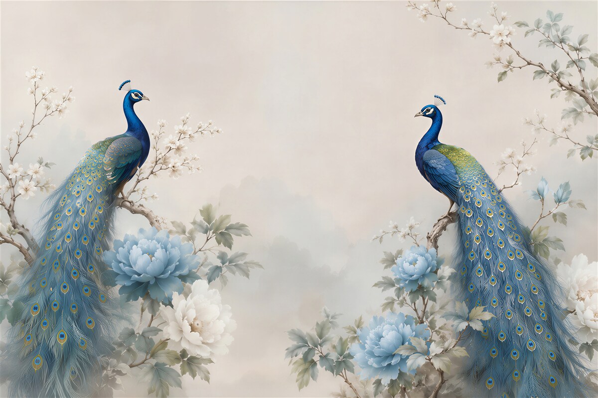 Papier peint paons bleus sur des fleurs bleues