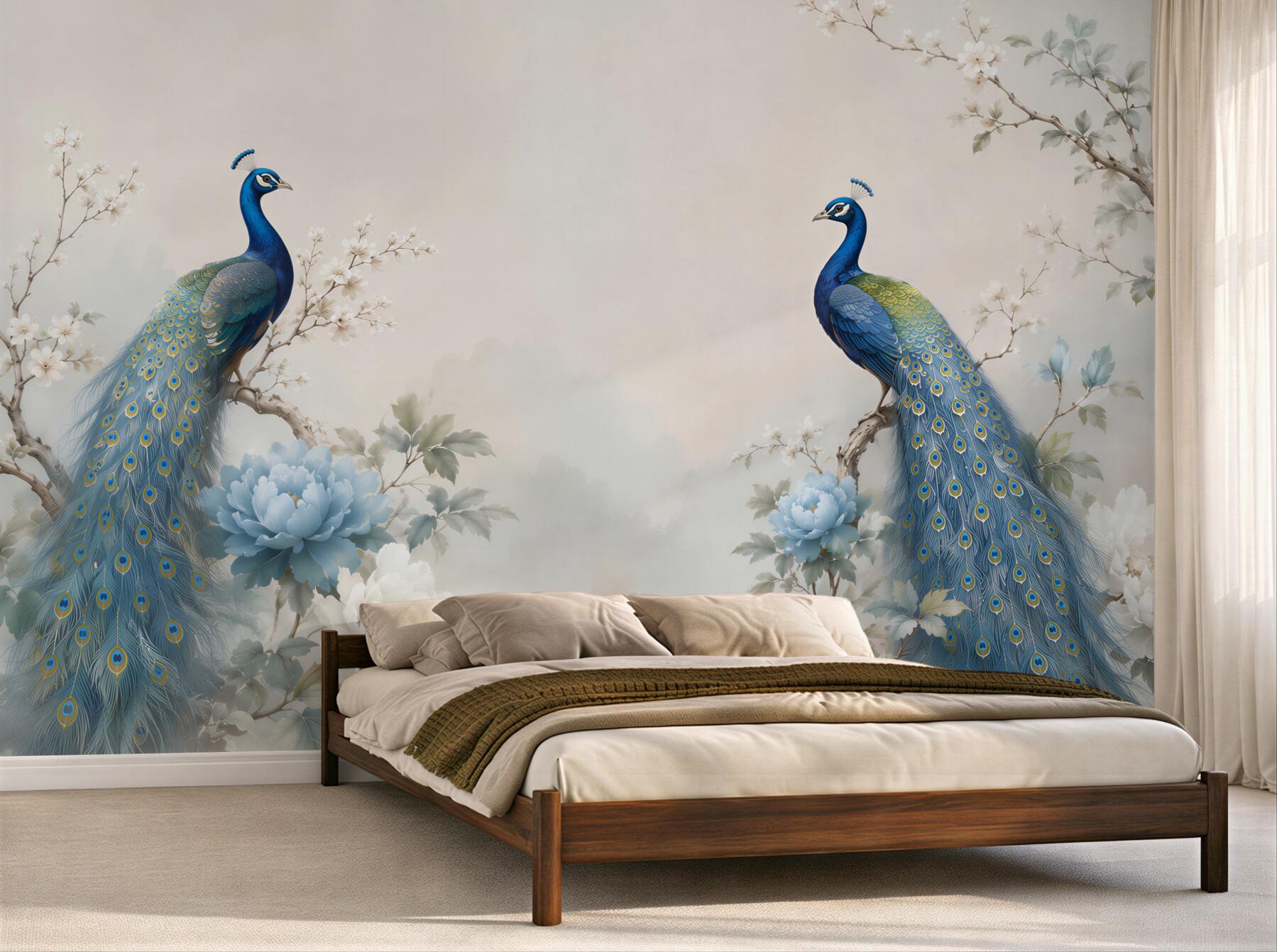 Papier peint paons bleus sur des fleurs bleues