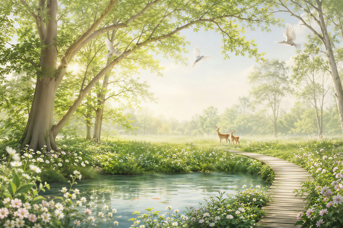 Papier peint prairie ensoleillée verte à l'aube