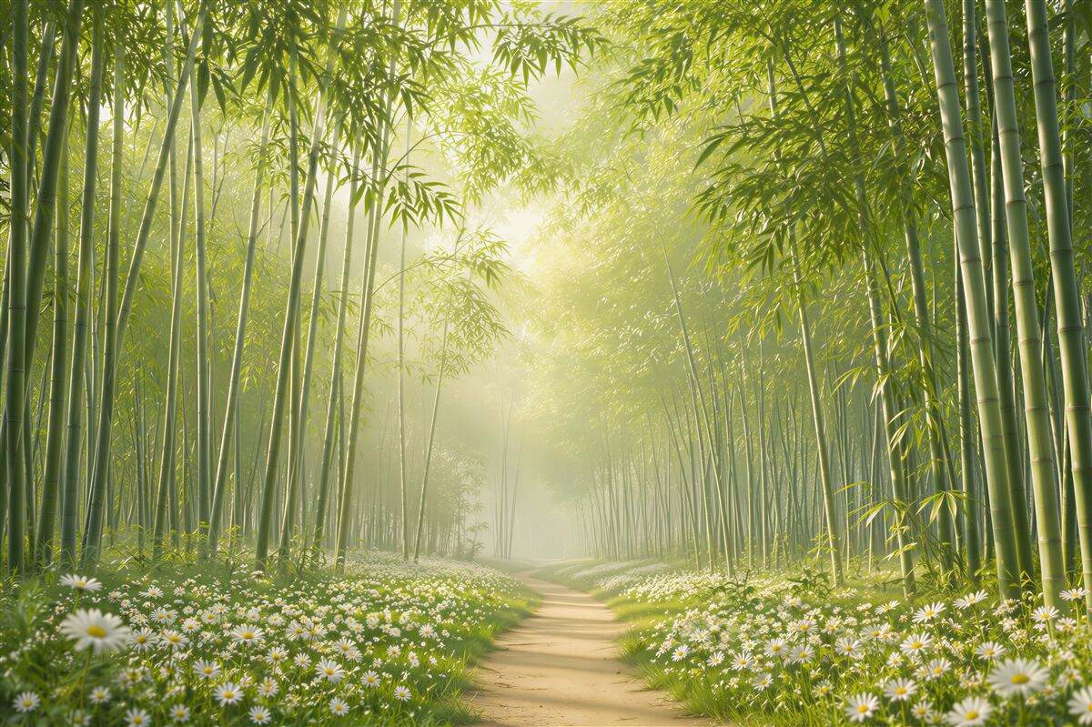 Papier peint prairie se transformant en jardin de bambou