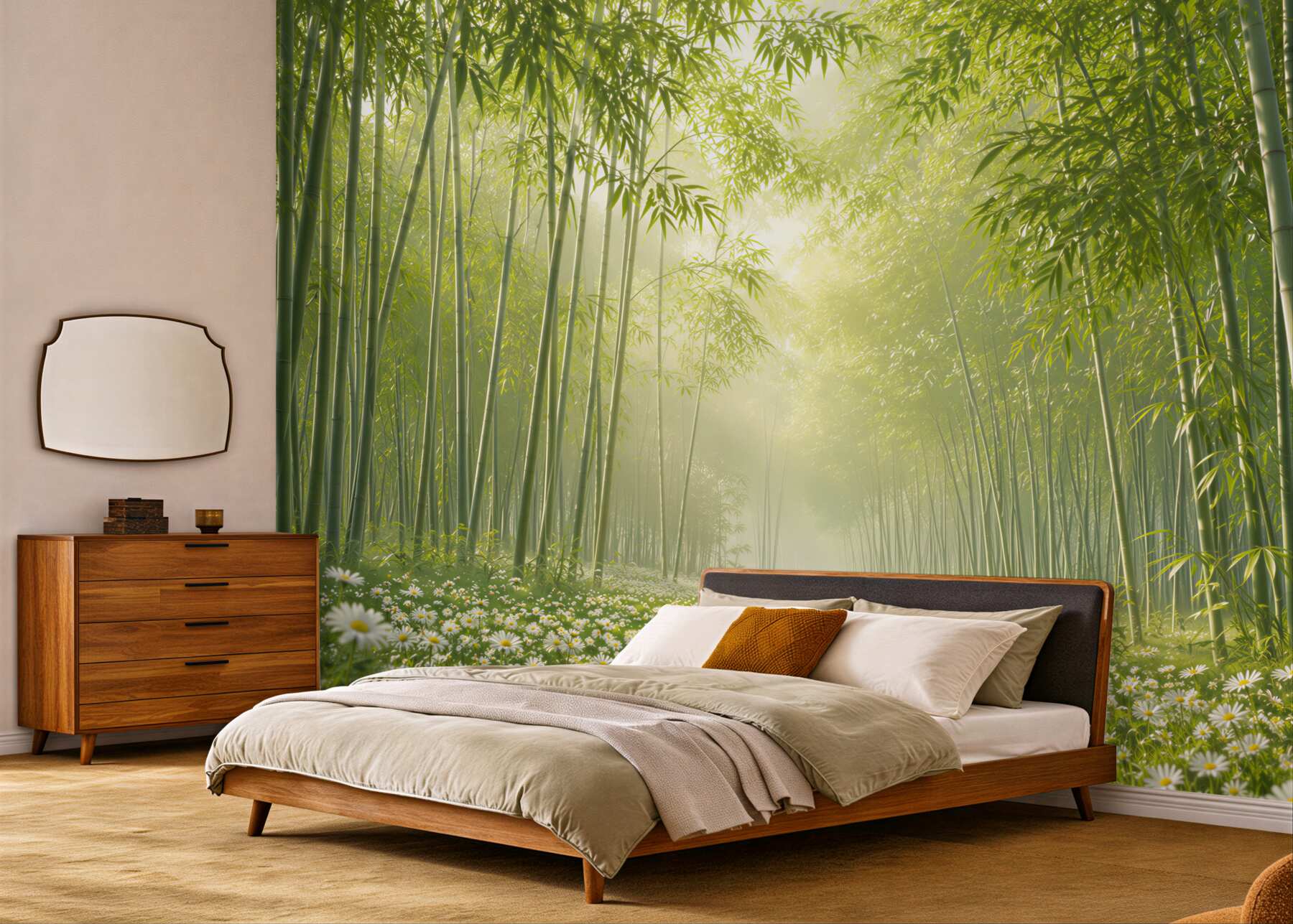 Papier peint prairie se transformant en jardin de bambou