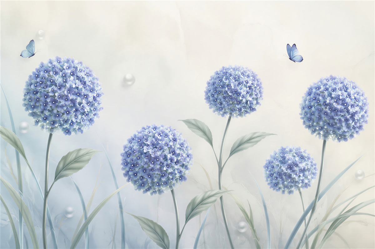 Papier peint fleurs bleues extraordinaires et papillons