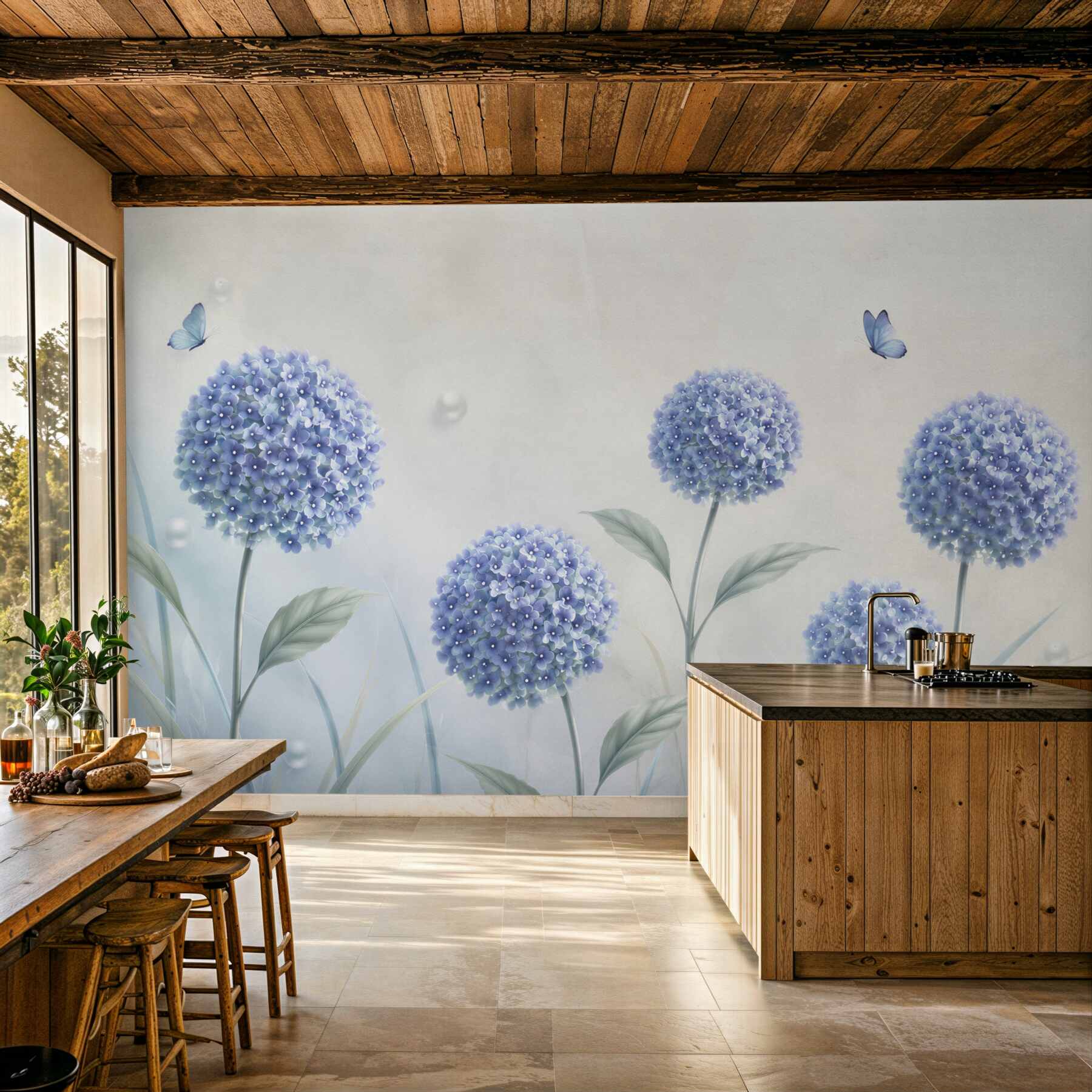 Papier peint fleurs bleues extraordinaires et papillons
