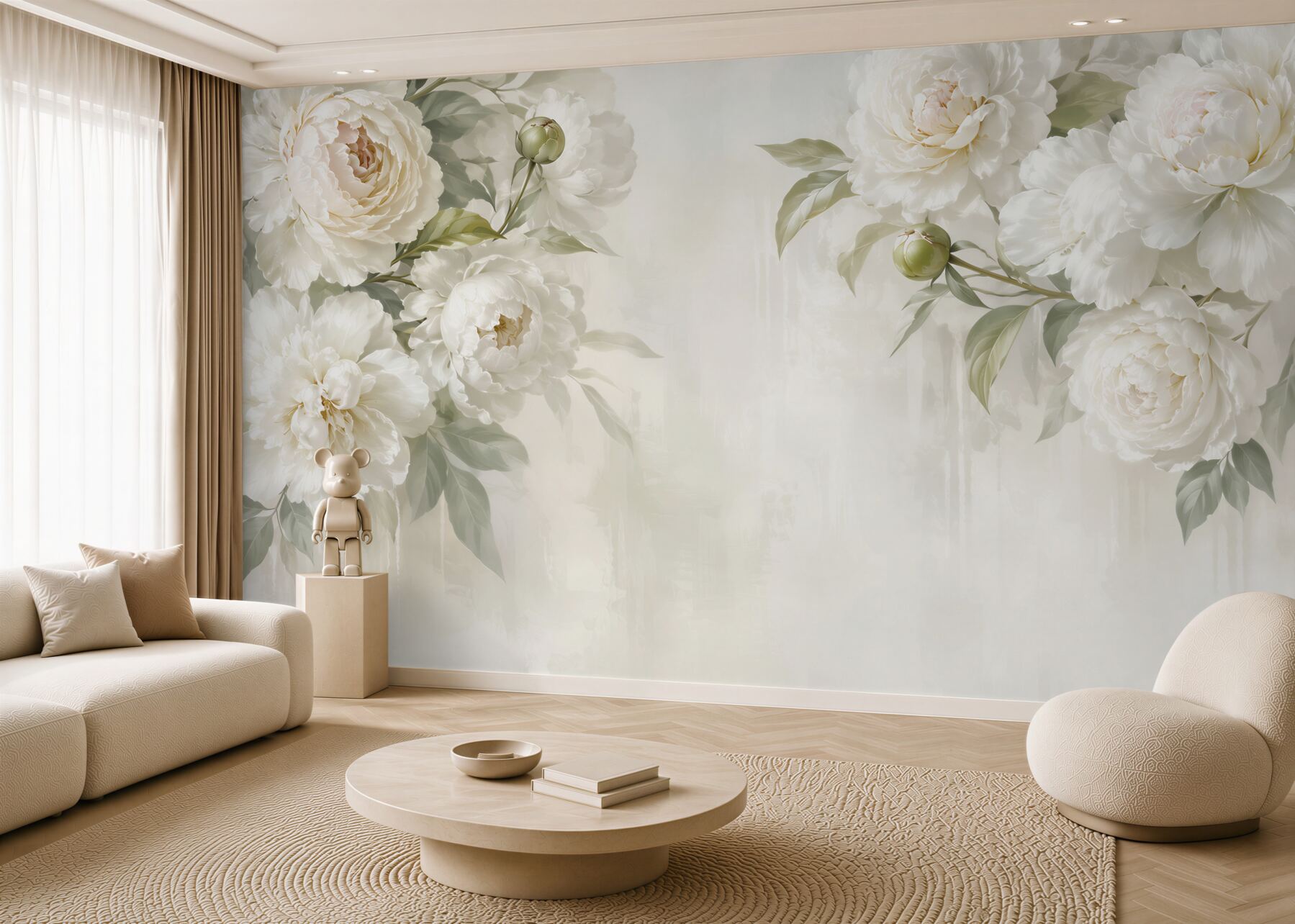 Papier peint grandes fleurs blanches sur un mur en béton