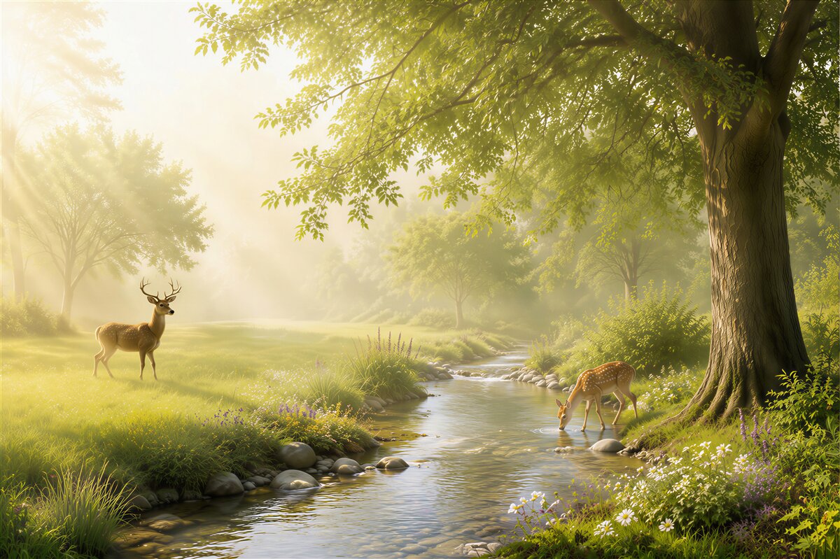 Papier peint cerfs près d'une rivière forestière