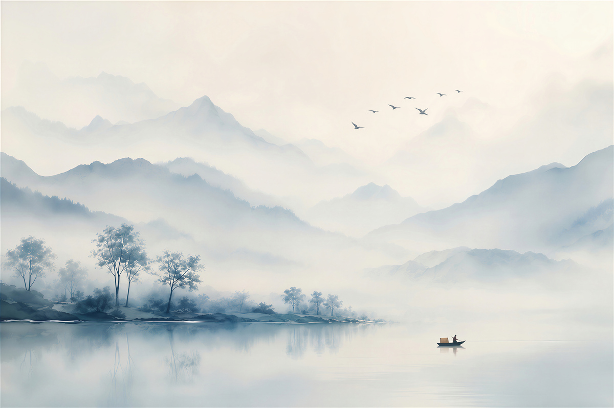 Papier peint tranquillité sur le lac de pêche en montagne