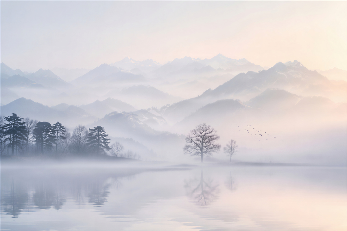 Papier peint matin brumeux au-dessus du lac