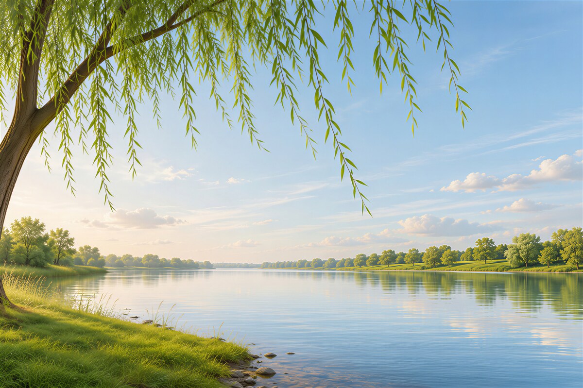 Papier peint bel saule à côté d'une eau paisible