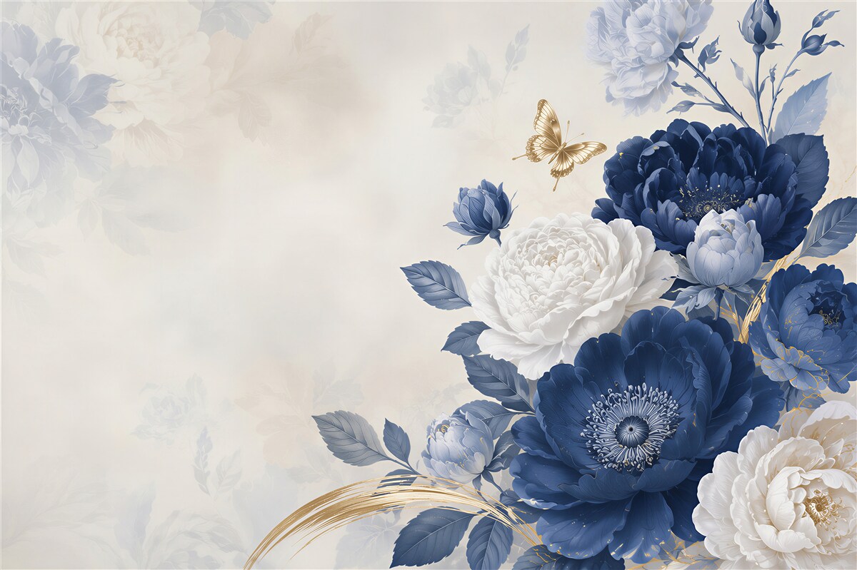 Papier peint fleurs anciennes bleues