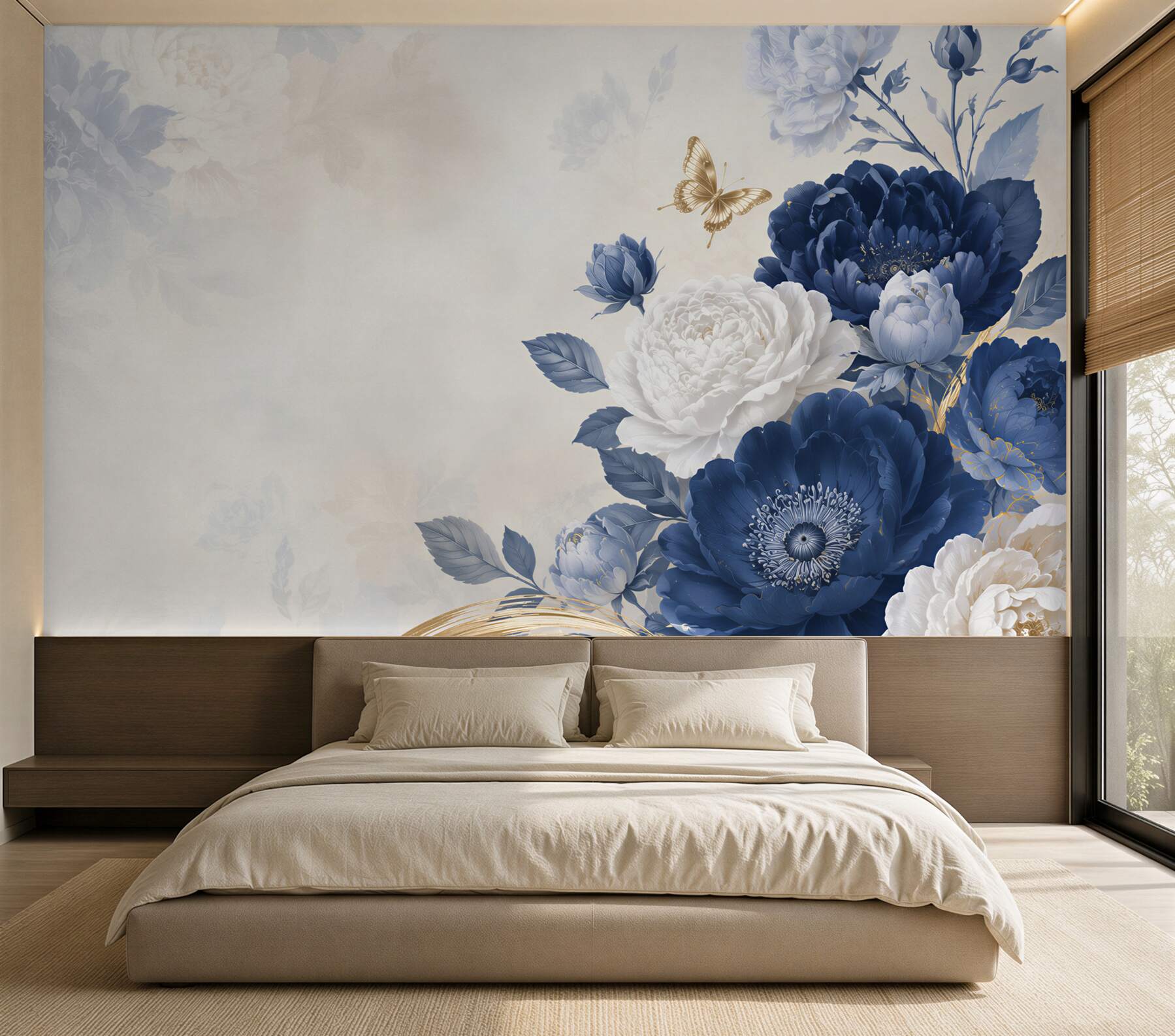 Papier peint fleurs anciennes bleues