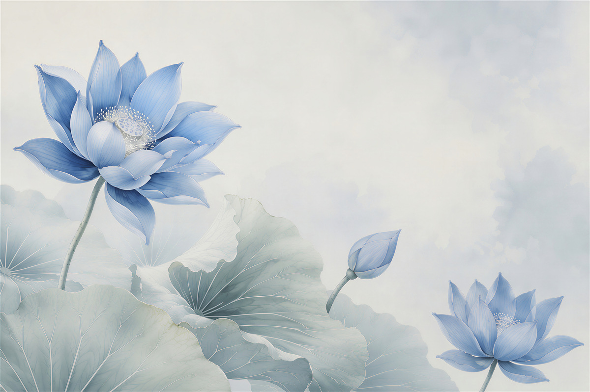 Papier peint lotus bleus sur fond gris