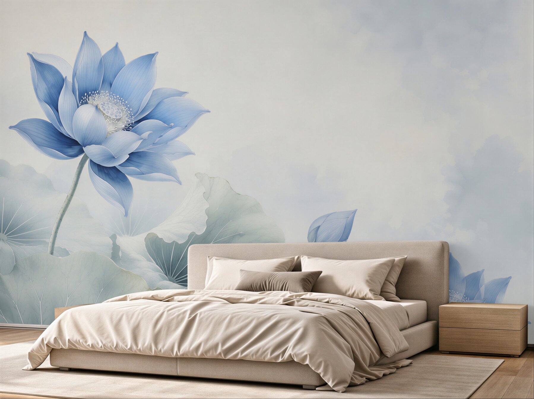Papier peint lotus bleus sur fond gris
