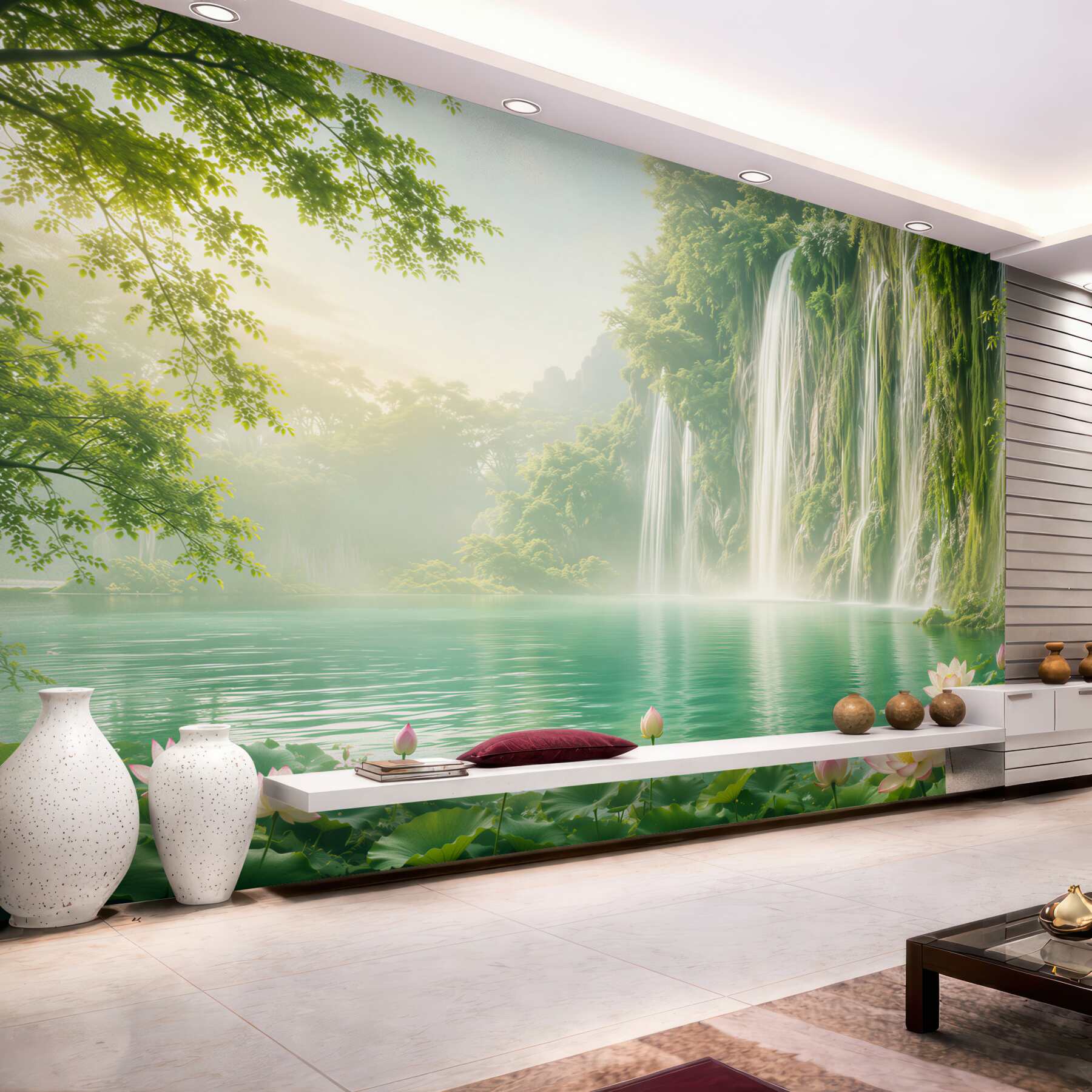 Papier peint cascades tombant dans un lac cristallin