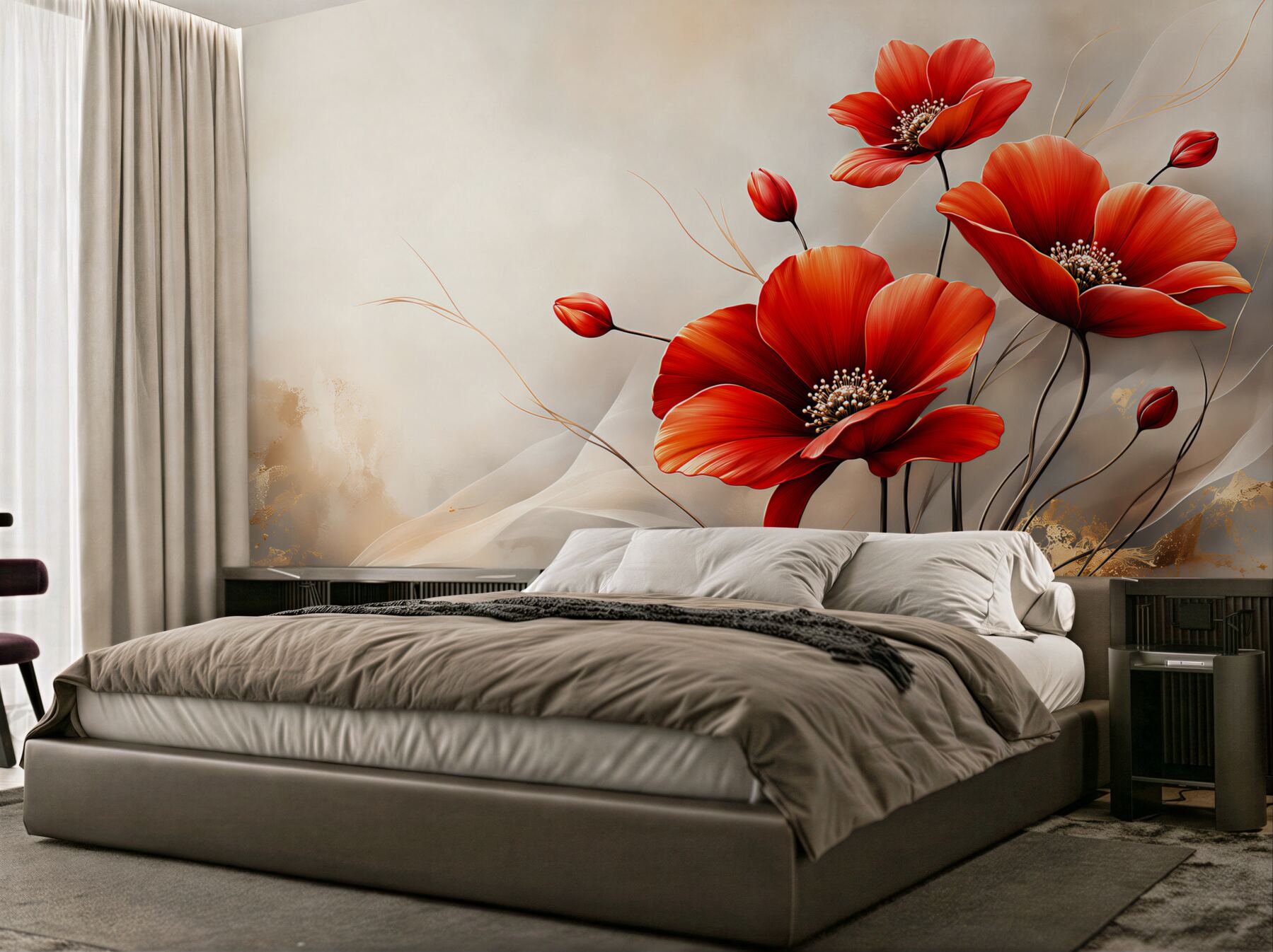 Papier peint coquelicots rouges sur fond noir