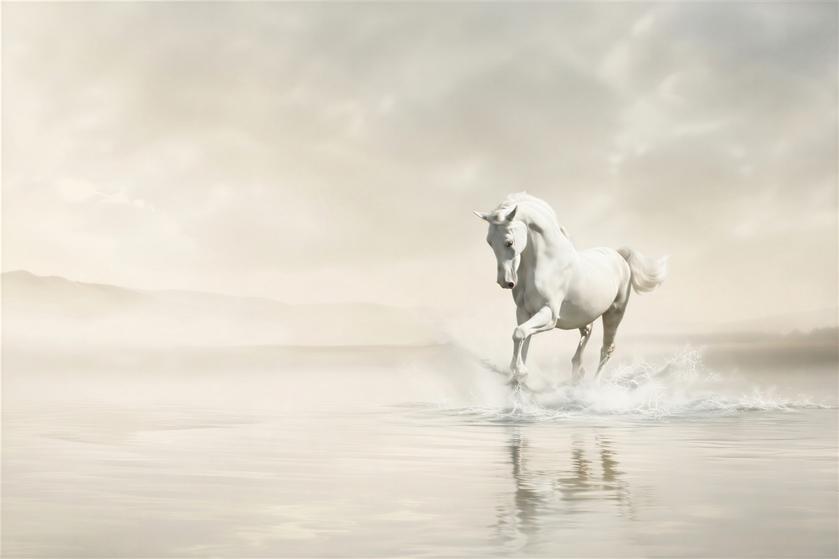 Papier peint puissant galop d'un cheval blanc sur l'eau